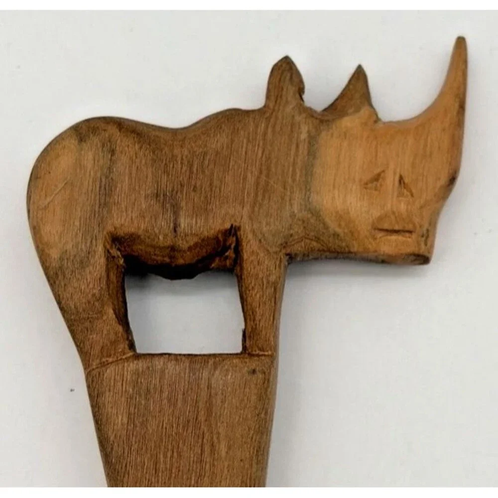 Vintage Hand Carved African Wood Rhinoceros Salad Server Set Black & White Rhino
